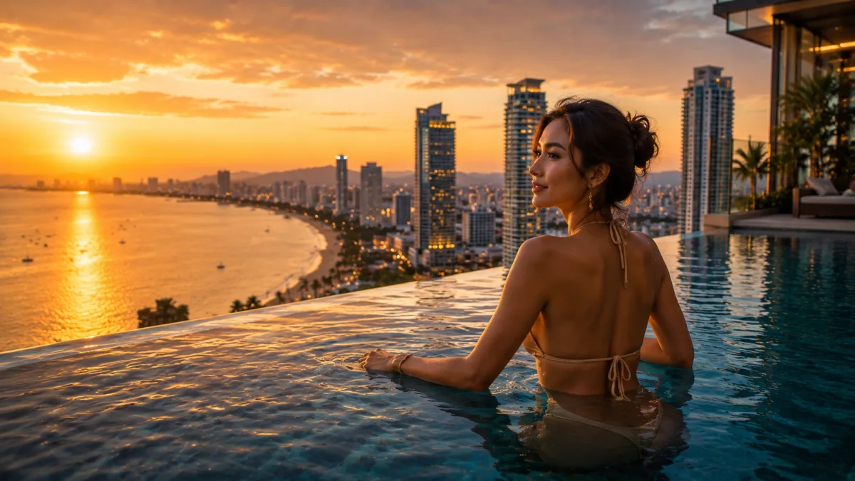 Infinity-Pool über der Pattaya-Skyline im Sonnenuntergang